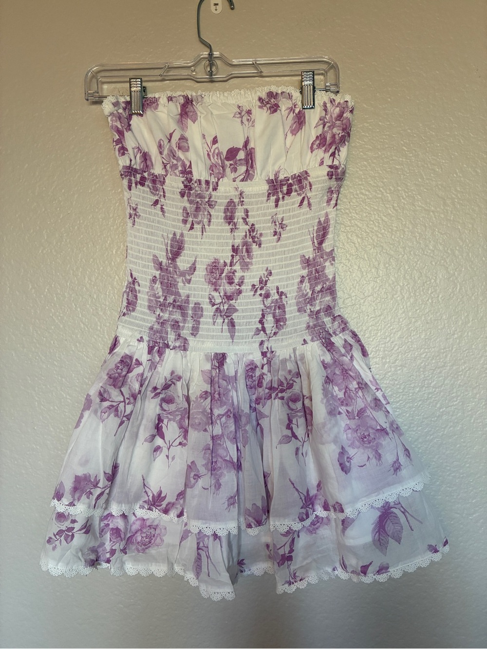 Sky to Moon Size M Cotton White & Lavender Floral Smocked Dress Tiered Rouched